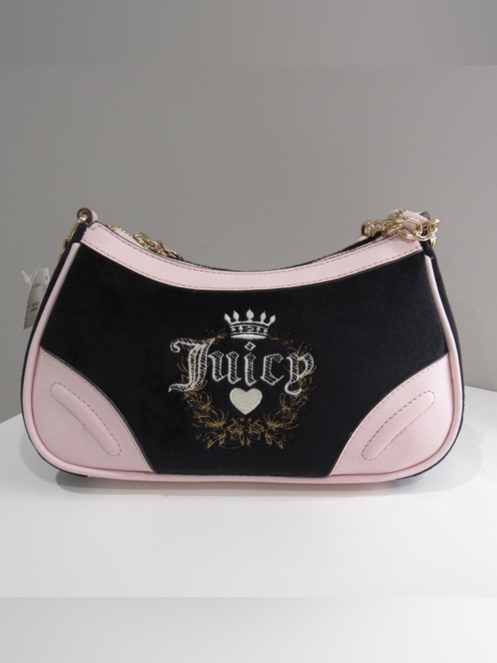 Juicy Couture Black and Pink Shoulder Bag with Embroidered Logo